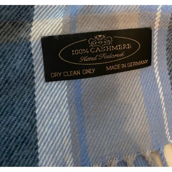 100% Cashmere Scarf Hand Tailored Blue & Gray Plaid 66" x 12" - Picture 3 of 5
